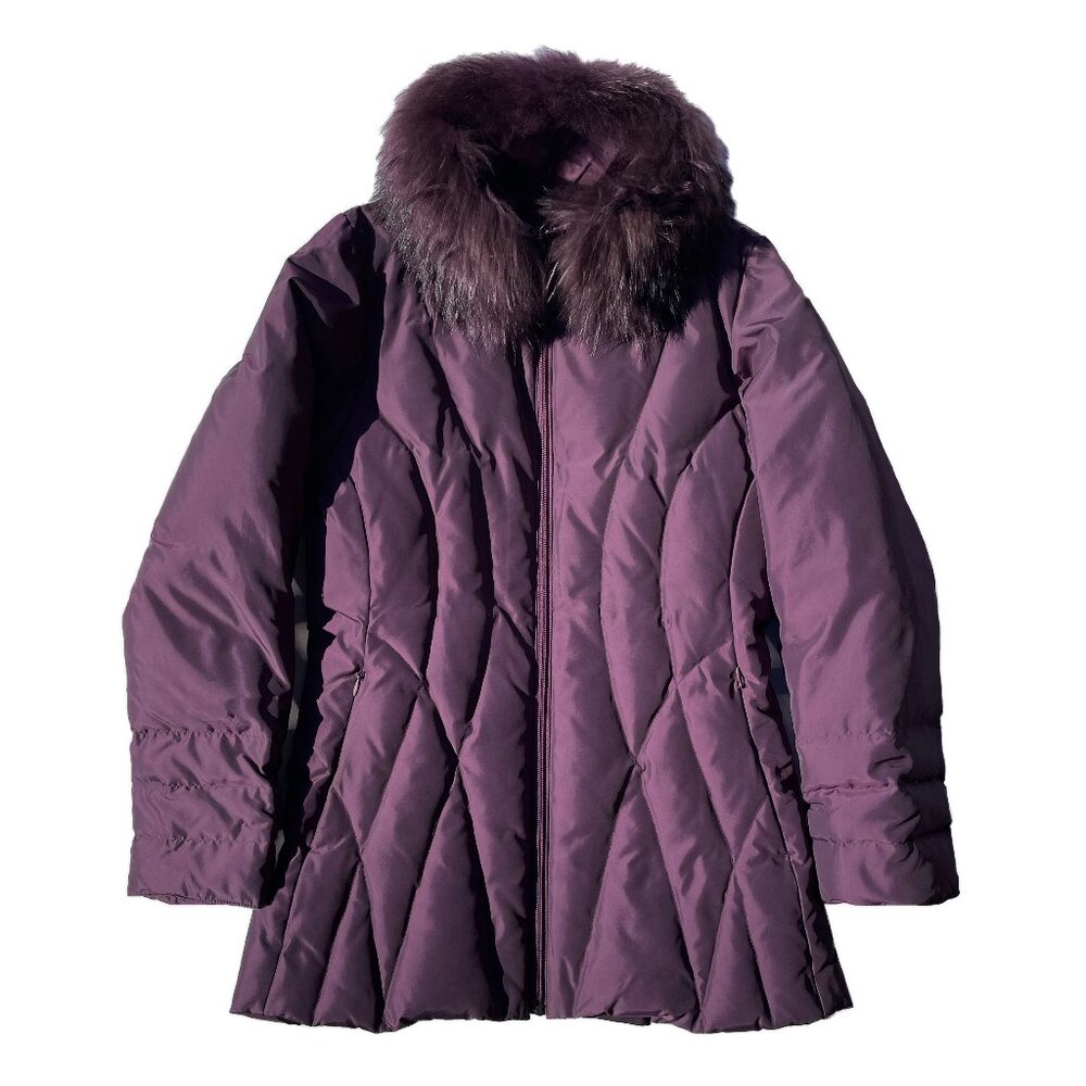 Designer plum puffer jacket coat with detachable genuine fox fur collar small